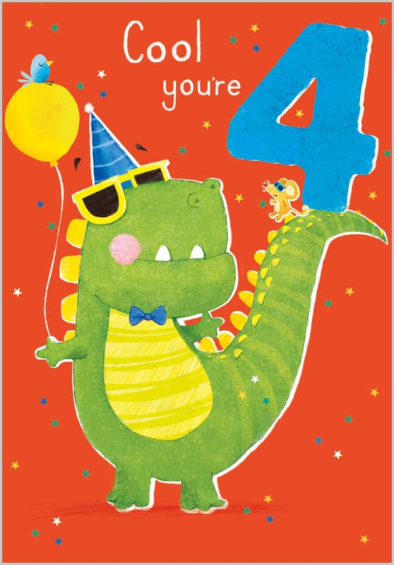 Wholesale Birthday Card Age 4 Boy - Cool Dinosaur from Harrisons Direct